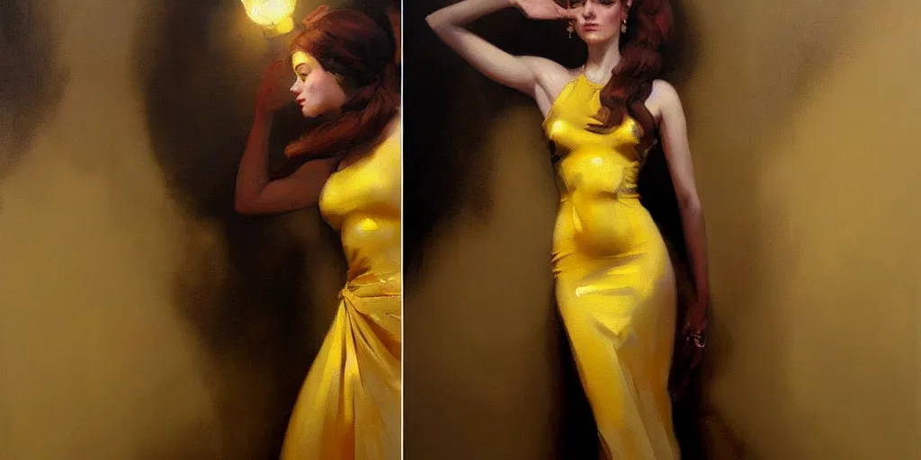 Prompt: a painting of a woman in a golden dress, an art deco painting by Craig Davison, featured on cgsociety, fantasy art, pre-raphaelite, rococo, reimagined by industrial light and magic