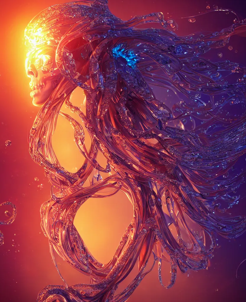 Image similar to close-up macro portrait of the face of a beautiful princess, epic angle and pose, symmetrical artwork, 3d with depth of field, blurred background, cybernetic jellyfish female face skull phoenix bird, translucent, nautilus, energy flows of water and fire. a highly detailed epic cinematic concept art CG render. made in Maya, Blender and Photoshop, octane render, excellent composition, cinematic dystopian brutalist atmosphere, dynamic dramatic cinematic lighting, aesthetic, very inspirational, arthouse. y Greg Rutkowski, Ilya Kuvshinov, WLOP, Stanley Artgerm Lau, Ruan Jia and Fenghua Zhong