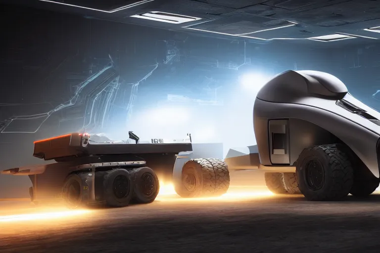 Image similar to still photo of a futuristic remote control truck, highly detailed, photorealistic portrait, bright studio setting, studio lighting, crisp quality and light reflections, unreal engine 5 quality render