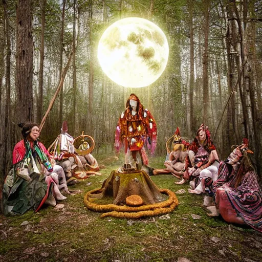 Prompt: Shamanistic ritual being performed in a clearing the middle of the woods. A full moon is in the sky. A scrying mirror is in the middle of the circle. Ornate costumes are worn by the participants. Digital art.