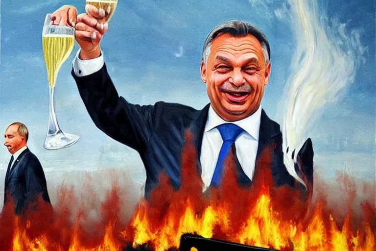 Image similar to viktor orban winking and drinking champagne with putin in front a burning city, hyper realistic painting