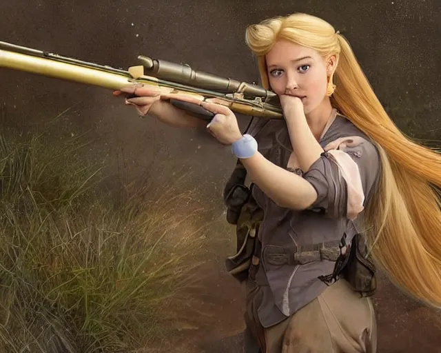 Image similar to disney princess with long blonde hair versus m 9 0 sniper rifle : : weta disney pixar movie still photo : : hi - fructose, decadent highly - detailed digital painting, golden ratio, octane render, artstation, smooth, sharp focus, artgerm, mucha, loish, wlop