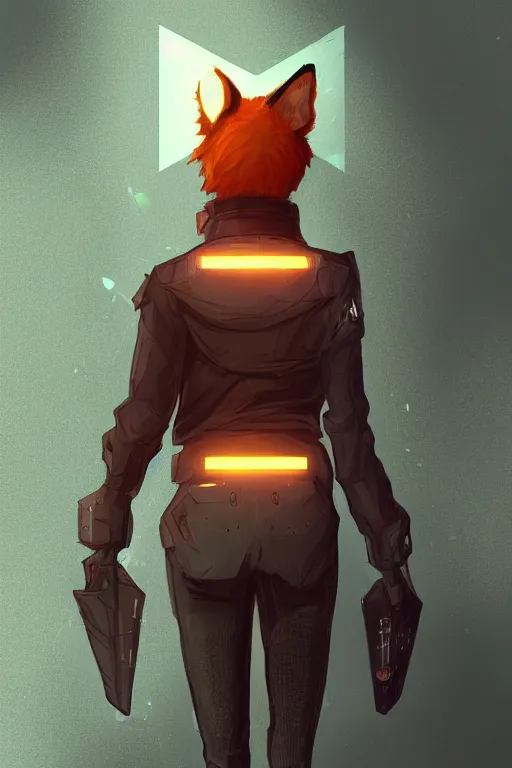 Image similar to an anthropomorphic cyberpunk fox, backlighting, trending on artstation, digital art, furry art, trending on furaffinity, fantasy art, by kawacy, view from behind, fluffy tail