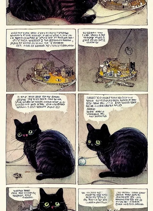 Image similar to a hyper realistic ink cat in a spaaceship 6 panel comic by chiara bautista and norman rockwell and greg rutkowski weta studio, and lucasfilm