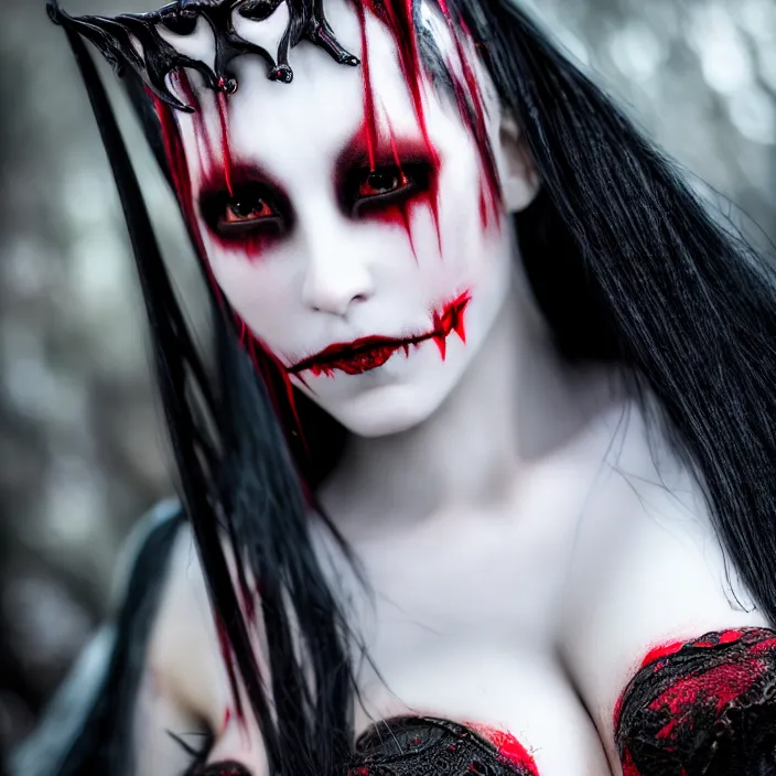 Prompt: long shot photograph of a real - life beautiful vampire queen warrior. extremely detailed. dslr. 5 0 mm.