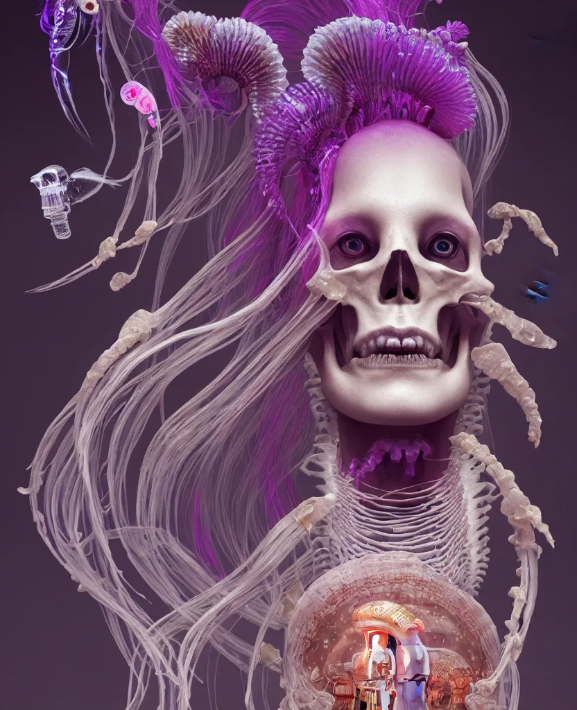 Image similar to goddess close - up portrait human skeleton, ram skull, jellyfish, orchid, betta fish, bioluminiscent, intricate artwork by tooth wu and wlop and beeple. octane render, trending on artstation, greg rutkowski very coherent symmetrical artwork. cinematic, hyper realism, high detail, octane render, 8 k