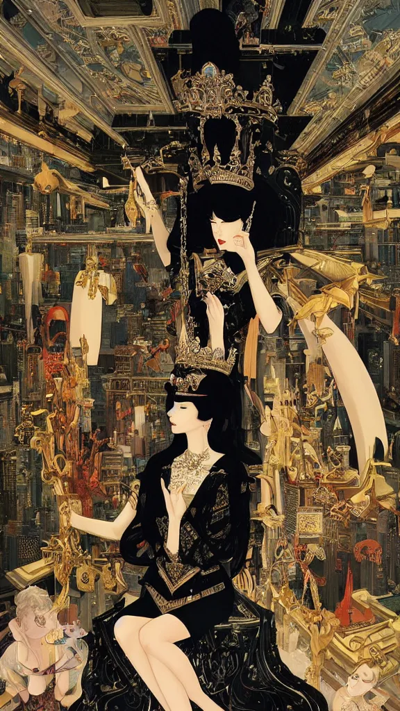 Prompt: a beautiful black haired woman with pale skin and a crown on her head sitted on an intricate metal throne new york circa 1 9 8 4 edward hopper and james gilleard, surreal, open ceiling, highly detailed, airbrush, ilya kuvshinov, wlop, stanley artgerm, very coherent, art by takato yamamoto and james jean