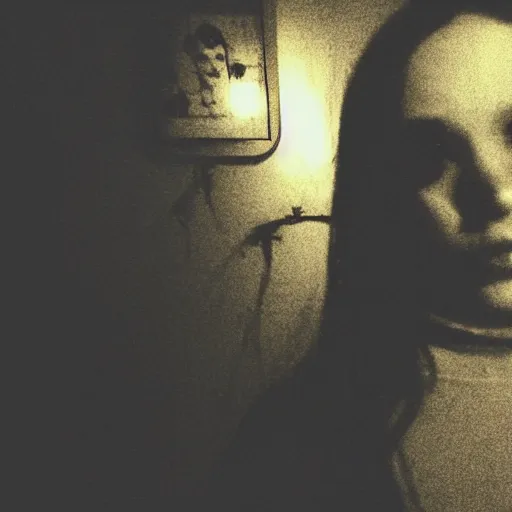 Image similar to A selfie of a woman in a dark room, with a spooky filter applied, with a figure in the background, in a Halloween style.