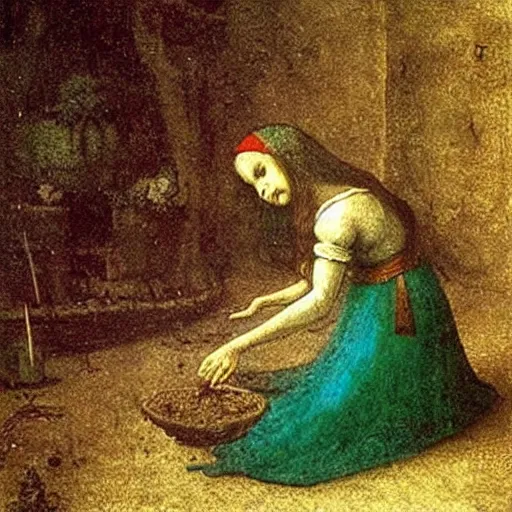 Prompt: An elf with teal hair planting seeds in a haunted house, Painting by Leonardo Da Vinci