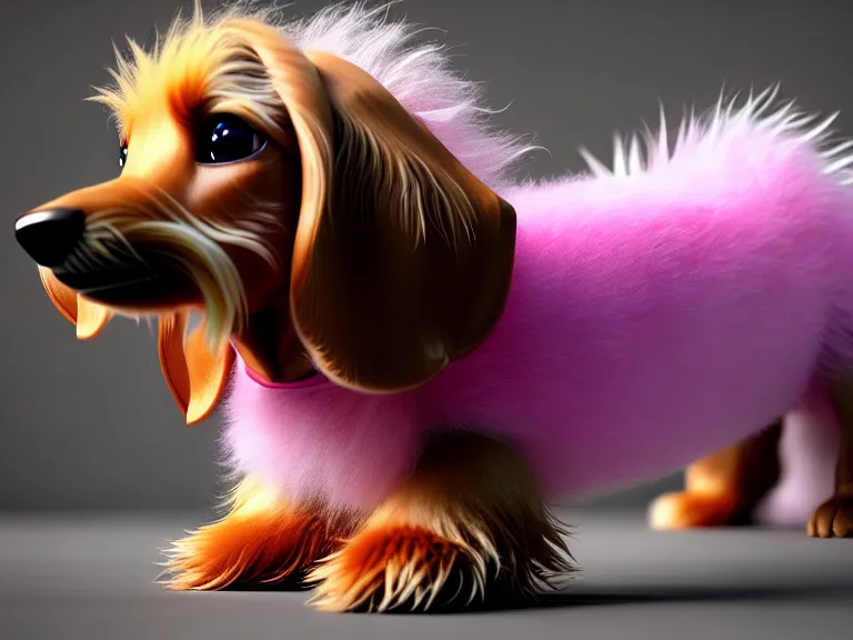 Image similar to high quality 3 d render hyperrealist very cute fluffy dachshund dog, plush mascot, long spiky fluffy smooth hair, photo from the side, multi pastel colors, vray, smooth background, artstation, ultra detailed