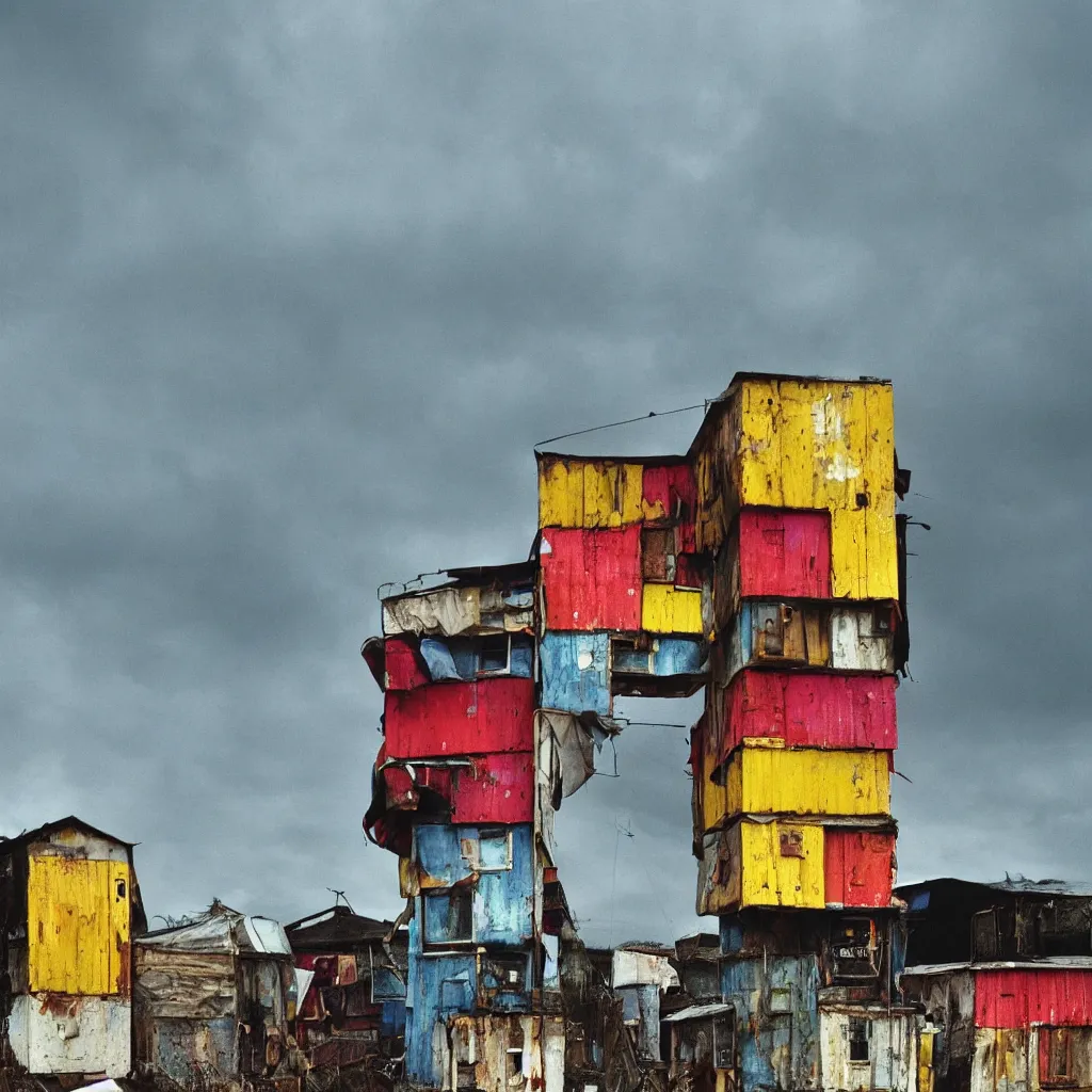 Prompt: close - up view of a tower made up of colourful makeshift squatter shacks, bleached colours, moody cloudy sky, dystopia, mamiya, f 1. 8, very detailed, photographed by bruno barbey and man ray