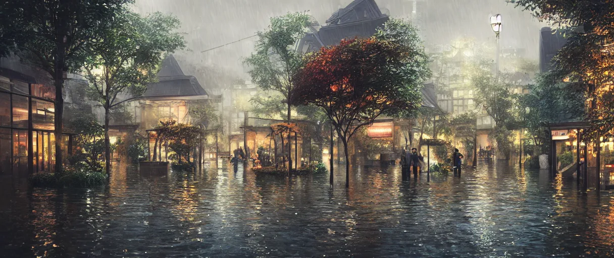 Image similar to raining at night at flooded miniature city, emotion is on the rise on the town, cute style garden, octane render, trees, evergreen, patio, garden, wet atmosphere, tender, soft light misty yoshitaka amano, and artgerm