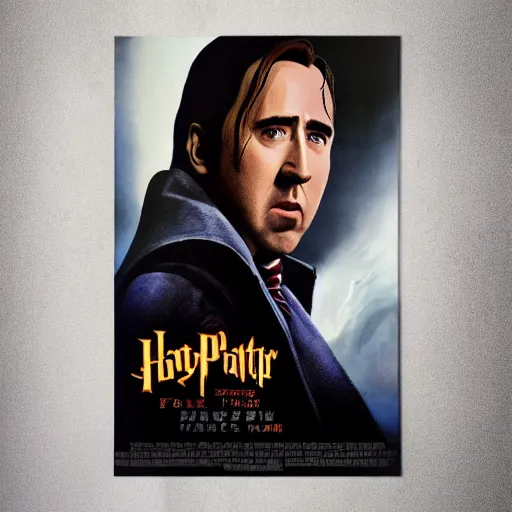 Image similar to a film poster of nicolas cage in harry potter, photorealism, film grain,