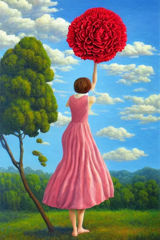 Prompt: giant carnation flower head, woman standing, surreal, clouds in sky, impressionist painting, digital painting, artstation, rob gonsalves