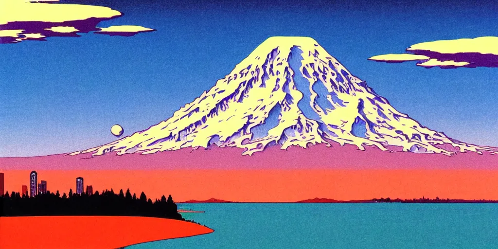 Image similar to seattle with mount rainier in the background, acid and dreaming psychedelic hallucinations, by kawase hasui, moebius and edward hopper, colorful flat surreal design, hd, 8 k, artstation