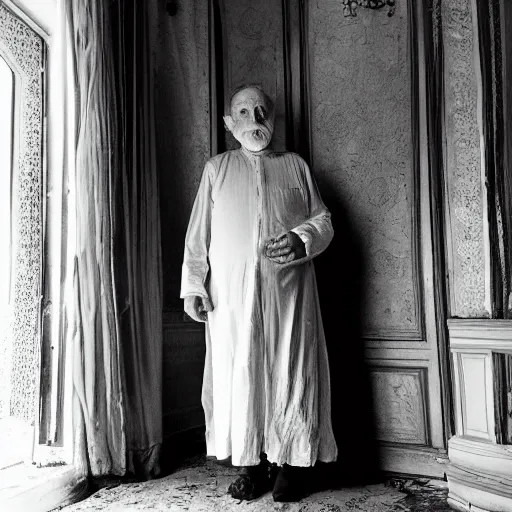 Prompt: count of durres, a 1 0 0 year very old man, night gown, hunched over, rare hair, black and white photography inside an old mansion