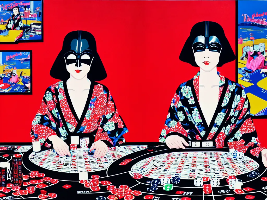 Prompt: hyperrealistim composition of the detailed single woman in a japanese kimono sitting at a extremely detailed poker table with darth vader, fireworks, river on the background, pop - art style, jacky tsai style, andy warhol style, acrylic on canvas