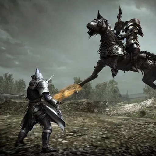 Image similar to Dark souls style dog riding an armored horse into a boss battle.