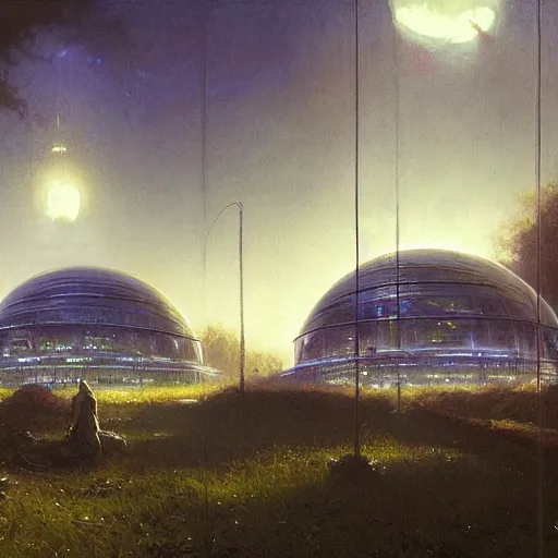 Prompt: cyberpunk glowing glass domed sci-fi building, pleasant urban setting, George Inness and Greg Rutkowski