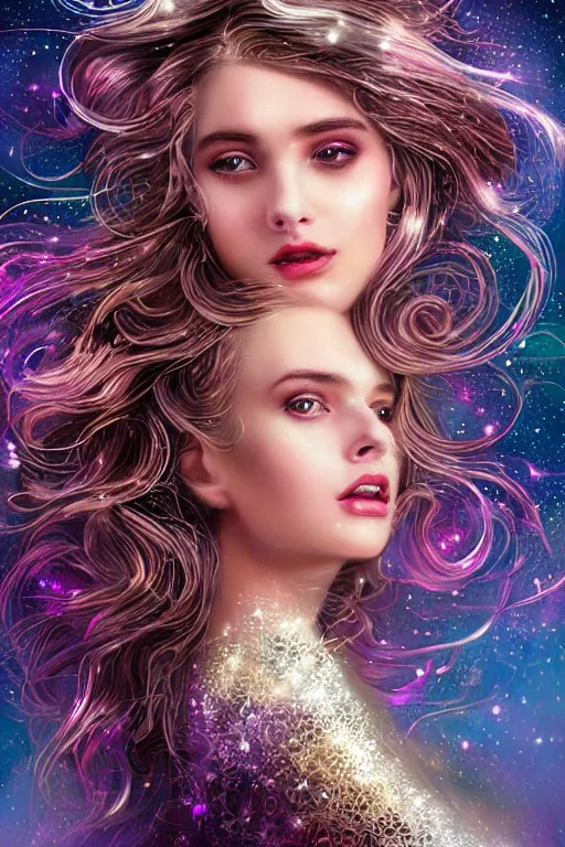 Image similar to one beautiful young woman's face, magical, space stars and planets in her hair, windblown, intricate, synth-wave, retrowave, highly-detailed, elegant, dramatic lighting, gorgeous face, lifelike, photorealistic face, long luxurious intricate gown, digital painting, artstation, illustration, concept art, smooth, sharp focus, art by John Collier, artgerm, and Albert Aublet and Krenz Cushart and Artem Demura and Alphonse Mucha