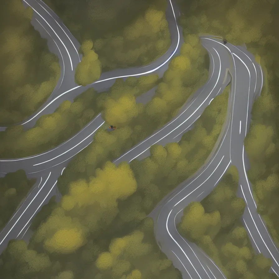 Prompt: View from above of a mountain road descending in curves, art by Goro Fujita, ilustration, concept art, sharp focus, ArtStation and deviantart