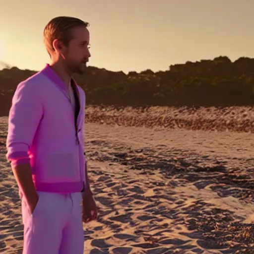 Image similar to ryan gosling robotic clothes in the beach purple sun, pink lighting ultra realistic photorealistic highly detailed high quality 8 k