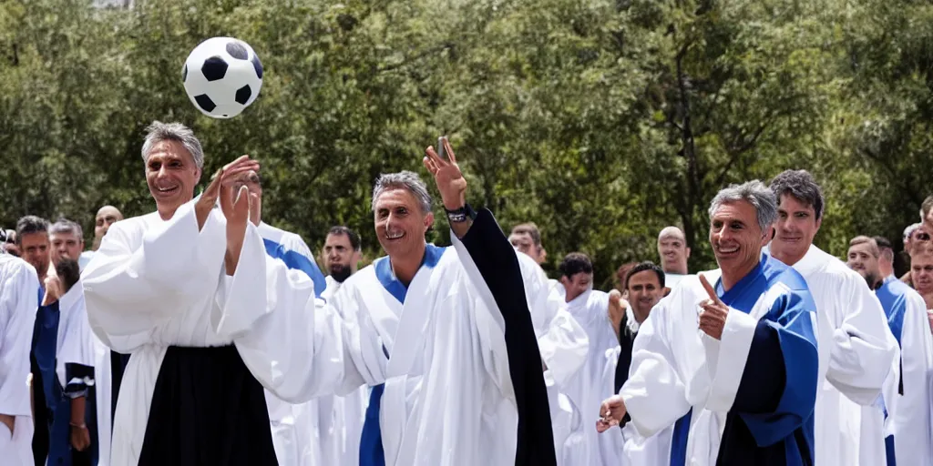 Prompt: Mauricio Macri playing football with judges in robes
