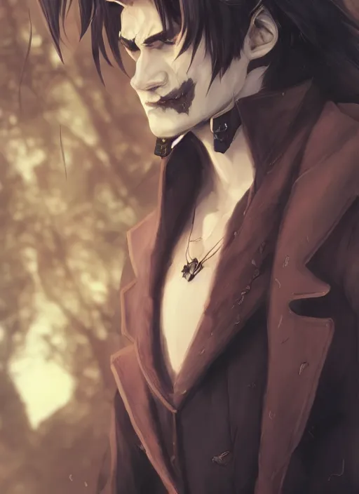 Image similar to detailed beautiful cool male character art depicting a vampire monster, concept art, depth of field, on amino, by sakimichan patreon, wlop, weibo, bcy. net, newgrounds high quality art on artstation.