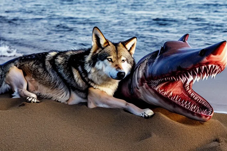 Prompt: professional photo of a shark body and canine wolf muzzle head half wolf half shark strange chimera discovered on the beach