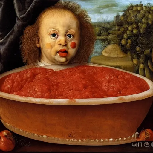Image similar to a boy sitting in a tub full of tomato sauce, a big meatball lurking in the background, by giuseppe arcimboldo, renaissance, portrait, fruit, detailed oil paint, high definition