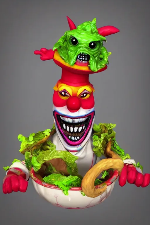 Image similar to a highly detailed painted 3 d model of an aaahh!!! real monsters clown on a rubber chicken caesar salad : 1 | centered, colorful, matte background : 0. 9 | by james gurney :. 8 | unreal engine, deviantart, artstation, octane, finalrender, zbrush, keyshot, concept art, hd, 8 k resolution : 0. 8