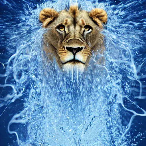 Image similar to a male lion's face breaching through a wall of water, headshot, water sprites, splashing, deep blue ocean, highly detailed, realistic digital art, trending on artstation