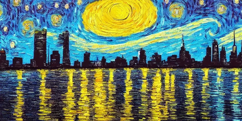 Image similar to new york city skyline painted in the style of vincent van gogh