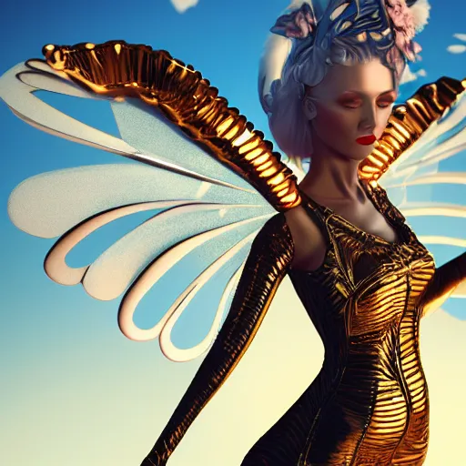 Image similar to fantasy angel with wings inspired avant - garde art, deco fashion, highly detailed, photorealistic portrait, bright studio setting, studio lighting, crisp quality and light reflections, unreal engine 5 quality render