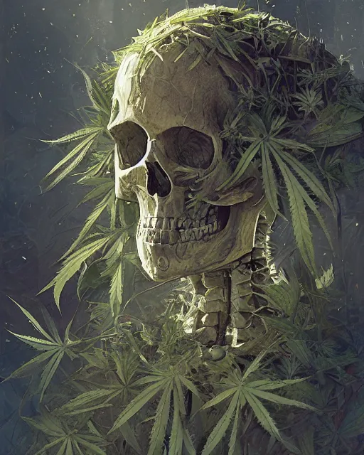 Image similar to skeleton made of weed leaves, clear sky, scifi character portrait by greg rutkowski esuthio craig mullins