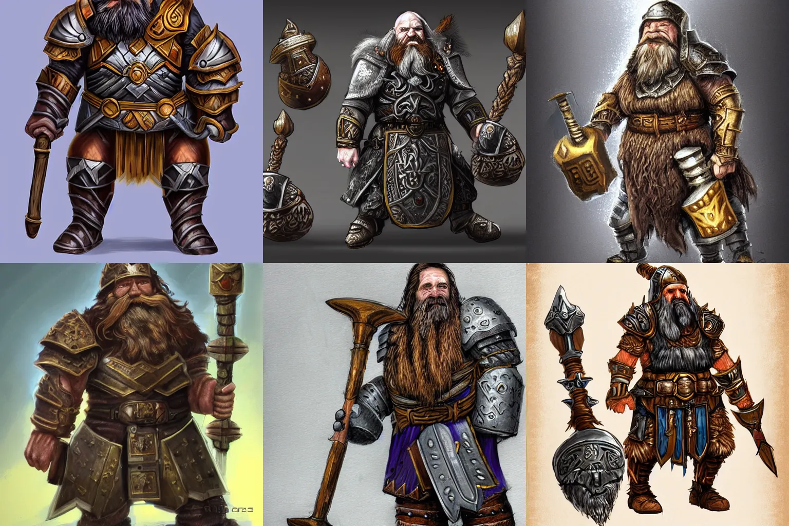 Prompt: highly detailed concept art of dwarf in full dwarven armor with dwarven hammer, by Archvillain Games