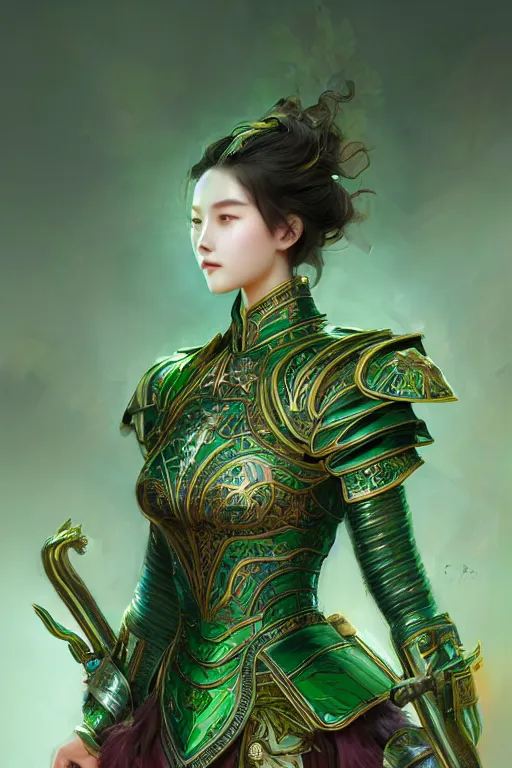 Image similar to portrait young knights of Dynasty Warriors girl, metallic green armor, in ruined hǔ láo guān, ssci-fi and fantasy, intricate and very beautiful and elegant, highly detailed, digital painting, artstation, concept art, smooth and sharp focus, illustration, art by tian zi and WLOP and alphonse mucha