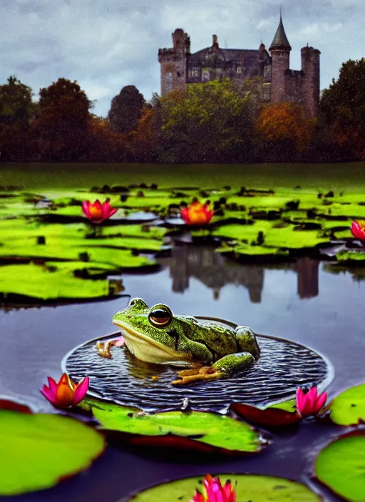 Image similar to close - up of a smiling frog in the pond with water lilies, medieval castle on background, shallow depth of field, highly detailed, autumn, rain, bad weather, ominous, digital art, masterpiece, matte painting, sharp focus, matte painting, by isaac levitan, asher brown durand,