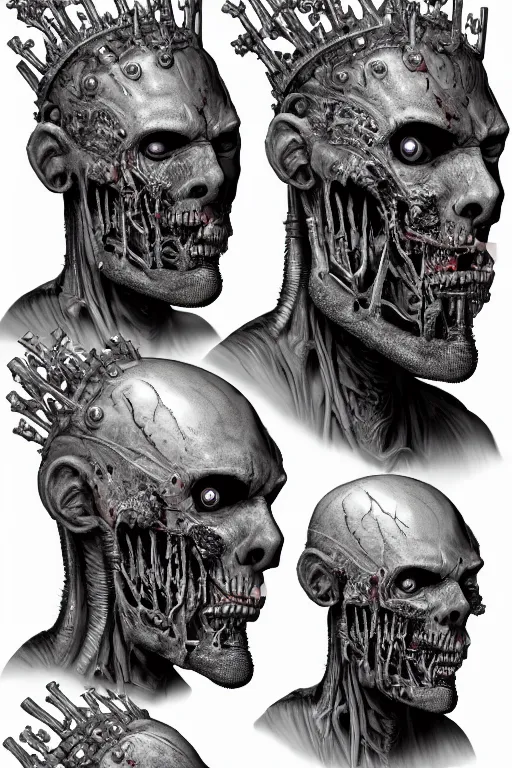 Image similar to cyborg zombie king with gunmetal grey skin, medical anatomy, very symmetrical face, highly detailed, mecha, three - perspective / three - view reference sheet ( front / back / side ), in the style of james gurney, dan ouellette, hr giger, sil from species, dren from splice, biomechanical, artstation, unreal engine