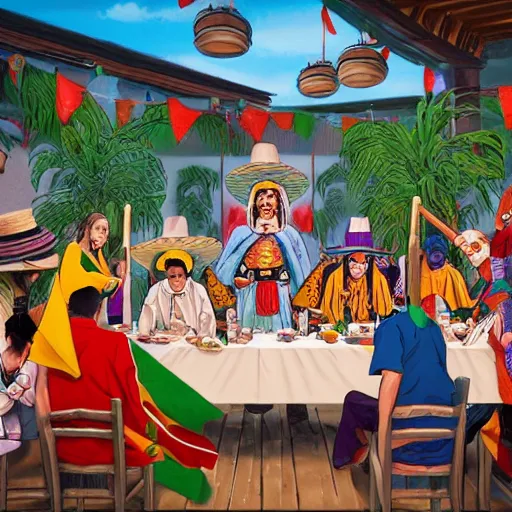 Prompt: the last supper in a mexican restaurant, sombrero, ponchos, chips and salsa, tiny mexican flag poles, margaritas, by dan mumford, yusuke murata, makoto shinkai, ross tran, cosmic, heavenly, god rays, intricate detail, cinematic, 8 k, cel shaded, unreal engine, featured on artstation, pixiv