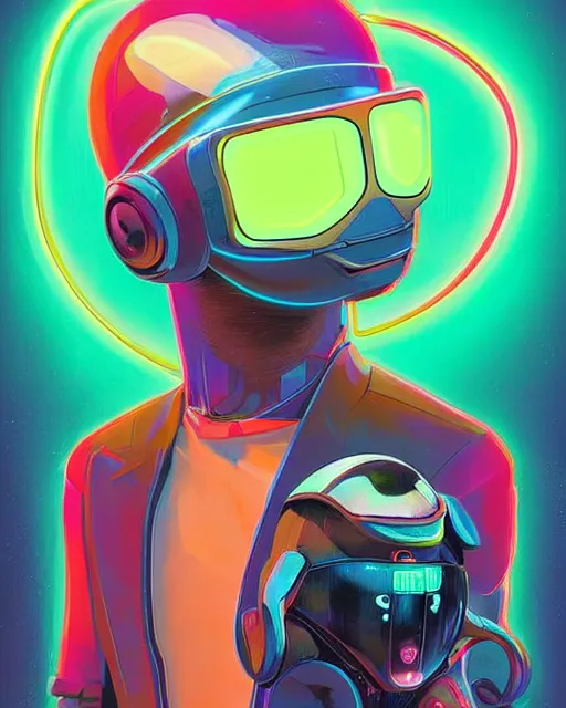 Image similar to futuristic sloth as future coder man looking on, sleek cyclops display over eyes and sleek bright headphoneset, neon accent lights, holographic colors, desaturated headshot portrait digital painting by dean cornwall, rhads, john berkey, tom whalen, alex grey, alphonse mucha, donoto giancola, astronaut cyberpunk electric