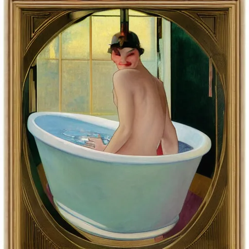 Image similar to dreamy oil painting of young woman in a large bathtub full of milk, smiling with her eyes closed as she washes herself, city lights from art deco window, hopper, mucha, irene patten, manara