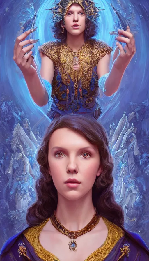 Prompt: millie bobby brown as a sorceress, passionate, seductive, sweaty, intricate dressed in ornate blue robes and staff, lovely, intricate, highly detailed, digital painting, artstation, concept art, smooth, sharp focus, illustration, unreal engine 5, 8 k, art by artgerm and greg rutkowski and alphonse mucha