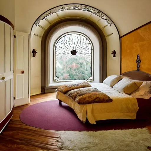 Prompt: a art nouveau bedroom with a circular window and wall with warms tones