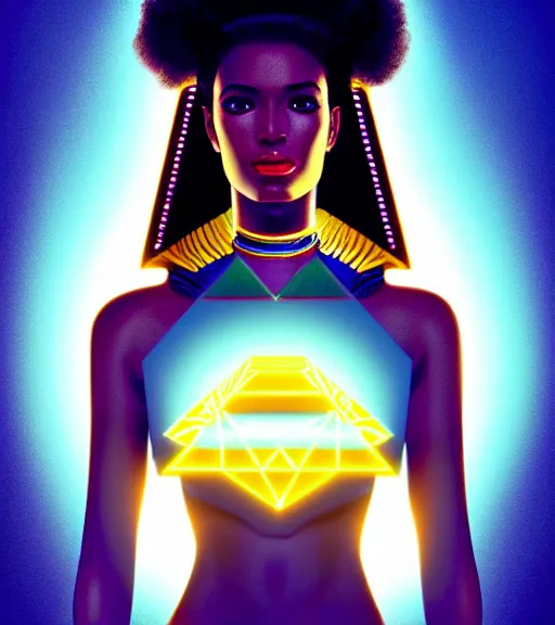 Image similar to symmetry!! egyptian goddess of technology, solid cube of light, hard edges, product render retro - futuristic poster scifi, lasers and neon circuits, brown skin beautiful egyptian goddess, intricate, elegant, highly detailed, digital painting, artstation, concept art, smooth, sharp focus, illustration, dreamlike, art by artgerm