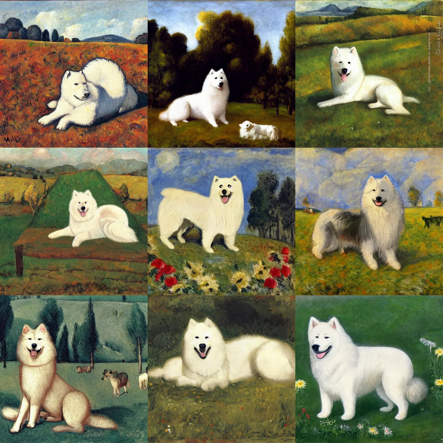 Prompt: a samoyed dog sitting in the middle of sunny meadow, by max weber