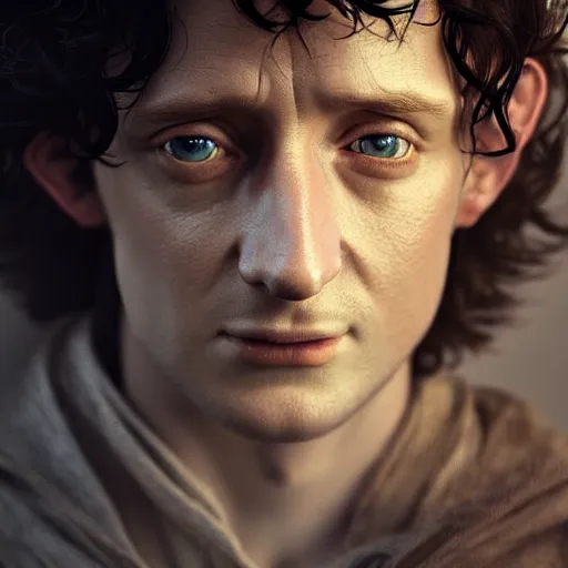 Image similar to selfie of frodo, fine detailed face, long curly hair, stunning 3 d render inspired art by greg rutkowski and xiang duan and thomas eakes, realistic, highly detailed attributes and atmosphere, dim volumetric cinematic lighting, 8 k octane detailed render, post - processing, masterpiece