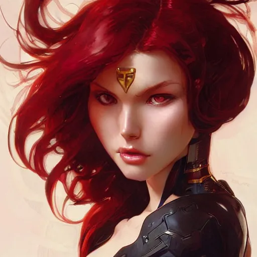 Image similar to a cool red - plate - haired girl. she is dressed as a superhero. clean elegant painting, beautiful detailed face. by artgerm and greg rutkowski and alphonse mucha