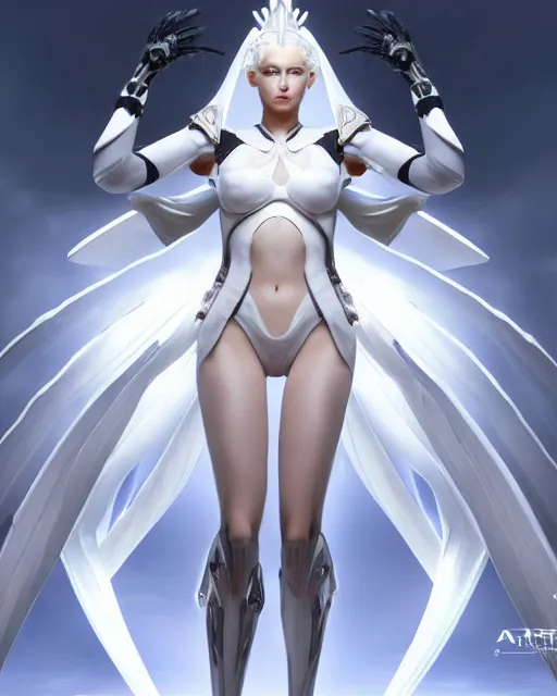 Image similar to perfect white haired attractive egyptian goddess with huge white dove wings, warframe armor, beautiful, symmetric, charlize theron, half asian, pretty face, blue eyes, android, scifi platform, laboratory, experiment, 4 k, ultra realistic, epic lighting, android body, illuminated, cinematic, masterpiece, art by akihito tsukushi, voidstar