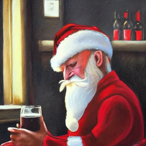 Image similar to santa claus depressed having a drink at a bar, painting, somber, moody lighting